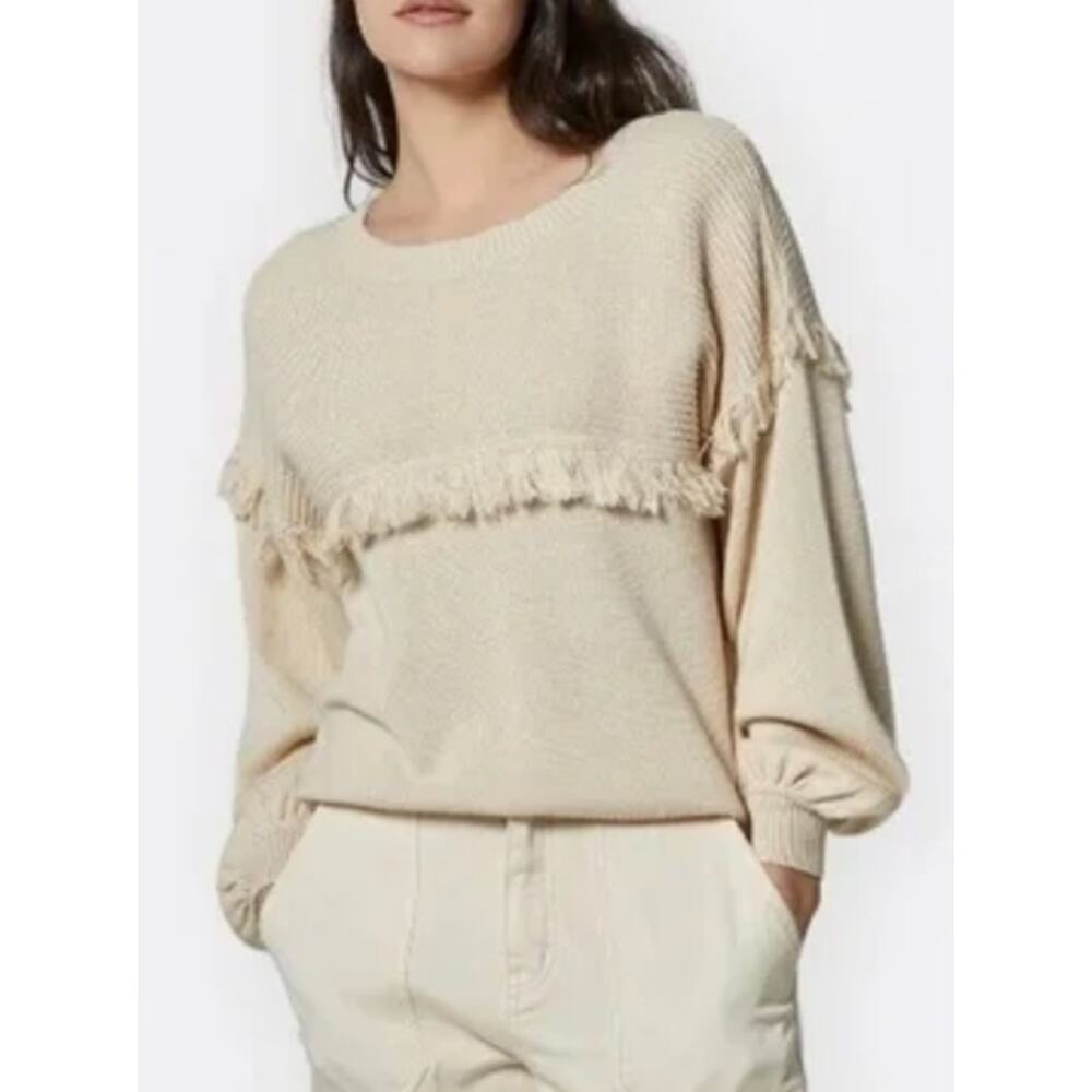 Joie Angelia Fringe Trim Sweater XS Cotton Cashmere Boho Coastal Neutral Luxury
